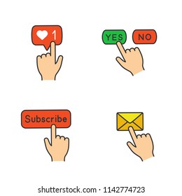 App buttons color icons set. Click. Likes counter, yes or no, subscribe, message notification. Isolated vector illustrations