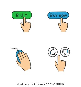 App buttons color icons set. Click. Buy, purchase, computer mouse, like and dislike. Isolated vector illustrations