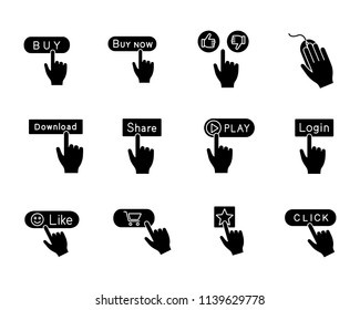App buttons glyph icons set. Click. Social media interface. Webpage navigation. Silhouette symbols. Vector isolated illustration