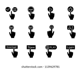 App buttons glyph icons set. Click. Social media interface. Webpage navigation. Silhouette symbols. Vector isolated illustration