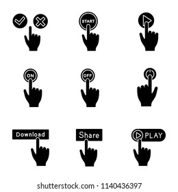 App buttons glyph icons set. Click. Accept and decline, start, play, turn on and off, power, download, share, launch. Silhouette symbols. Vector isolated illustration