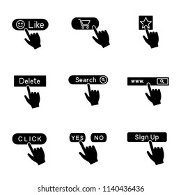 App buttons glyph icons set. Click. Like, buy, add to favorite, delete, search bar, yes or no, sign up. Silhouette symbols. Vector isolated illustration