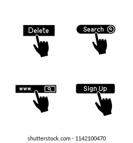 App buttons glyph icons set. Click. Search bar, delete, sign up. Silhouette symbols. Vector isolated illustration
