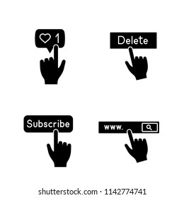 App buttons glyph icons set. Click. Likes counter, delete, subscribe, search bar. Silhouette symbols. Vector isolated illustration