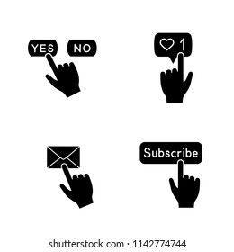 App buttons glyph icons set. Click. Likes counter, yes or no, subscribe, message notification. Silhouette symbols. Vector isolated illustration