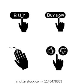 App buttons glyph icons set. Click. Buy, purchase, computer mouse, like and dislike. Silhouette symbols. Vector isolated illustration