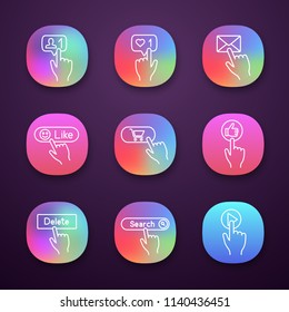 App buttons icons set. Click. New follower, likes counter, message, like, buy, thumb up, delete, search, play. UI/UX user interface. Web or mobile applications. Vector isolated illustrations