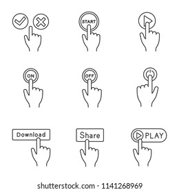 App buttons linear icons set. Click. Accept and decline, start, play, turn on and off, power, download, share, launch. Thin line contour symbols. Isolated vector outline illustrations. Editable stroke