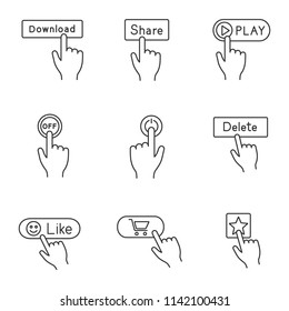 App buttons linear icons set. Click. Download, share, play, turn off, power, delete, like, buy, add to favorite. Thin line contour symbols. Isolated vector outline illustrations. Editable stroke