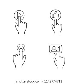 App buttons linear icons set. Click. Play, like, power, new follower notification. Thin line contour symbols. Isolated vector outline illustrations. Editable stroke