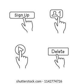 App buttons linear icons set. Click. Sign up, new follower, play, delete. Thin line contour symbols. Isolated vector outline illustrations. Editable stroke