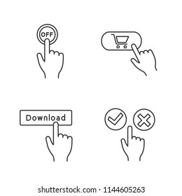 App buttons linear icons set. Click. Turn off, buy, download, accept and decline. Thin line contour symbols. Isolated vector outline illustrations. Editable stroke