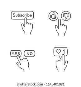 App buttons linear icons set. Click. Subscribe, thumbs up and down, yes, no, like counter. Thin line contour symbols. Isolated vector outline illustrations. Editable stroke