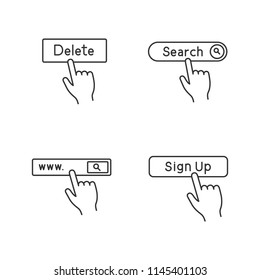 App buttons linear icons set. Click. Power, search bar, like. Thin line contour symbols. Isolated vector outline illustrations. Editable stroke