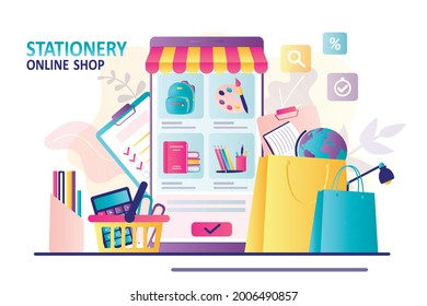 App for buying stationery on smartphone screen. Various assortment of goods for training. Buying goods for schools and colleges online in e-store. Concept of e-commerce, sale. Flat vector illustration