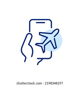 App for buying tickets or tracking flights. Hand holding a smartphone. Pixel perfect, editable stroke line art 