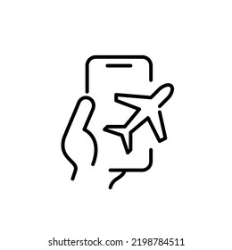 App for buying tickets or tracking flights. Hand holding a smartphone. Pixel perfect, editable stroke line 