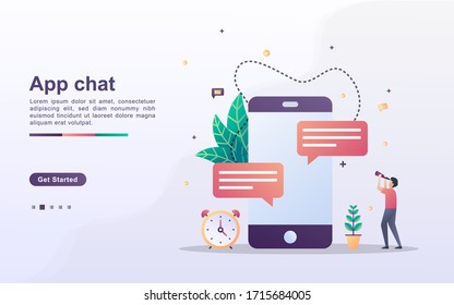 Concepto de chat de aplicaciones. Charla y comenta en medios sociales, envía y recibe mensajes, marketing y promoción de medios sociales. Se puede usar para página de inicio web, banner, aplicación móvil. Ilustración vectorial