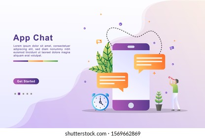 App chat illustration concept. communication via the Internet, social networking, chat, video, news, messages. Flat design for landing page, banner, web, template, marketing.