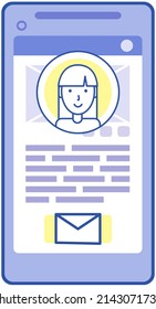 App zum Chat und Mailen auf dem Bildschirm. Programm, soziales Netzwerk für Online-Kommunikation über Internet. Virtuelles Konto, Benutzerprofil-Symbol. Digitale Technologie, mobile Anwendungen, Telefondatenzeichen
