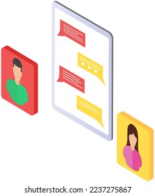Aplicación para chatear por correo en línea. Tecnología digital, aplicación móvil, mensajero de teléfono. El tipo y la chica se comunican con mensajes en el teléfono móvil. Cuenta, perfiles de usuarios en el servicio de medios sociales