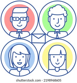 App for chatting online mailing. Program, social network for virtual communication via Internet. Account, user profiles in social media service. Digital technology, mobile application, phone messenger