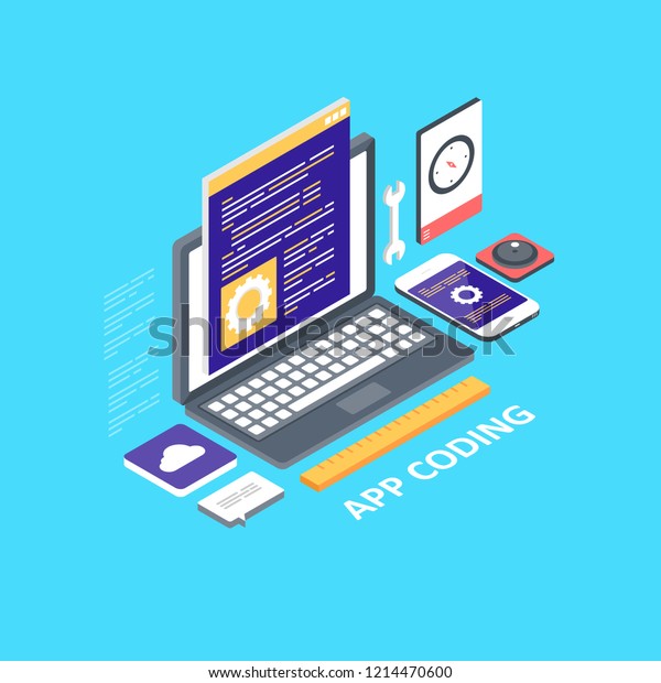 App Coding Development Design Isometric Vector Stock Vector (Royalty ...