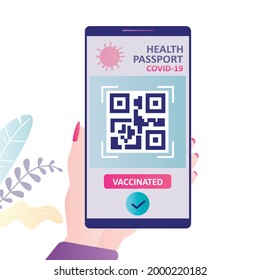 App with confirmation of vaccination on phone. Hand holds smartphone with health passport on screen. Traveling during pandemic. Covid-19 vaccination certificate with qr code. Flat vector illustration