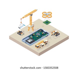 App construction. Crane truck computer micro scheme for smartphone devices repair phone construction vector isometric concept