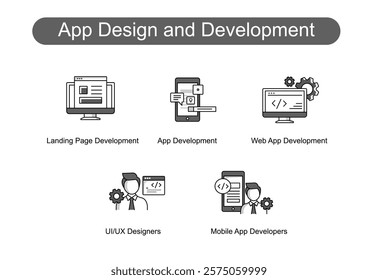 App Design and Development. Icons included: App Development, Mobile App Developers, UI UX Designers, Web App Development, Landing Page Development.