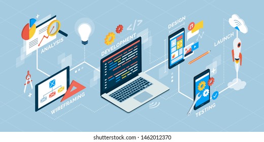 App Design And Development Process Isometric Infographic With Icons And Text