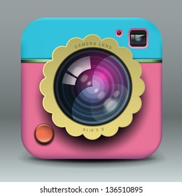 App design pink and blue photo camera icon, vector illustration.