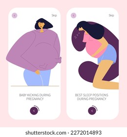 The app design with pregnancy woman. BABY KICKING. New mom comfort sleep in U shaped pillow, best positions. Pregnant women has often discomfort, heaviness and uncomfortably. 