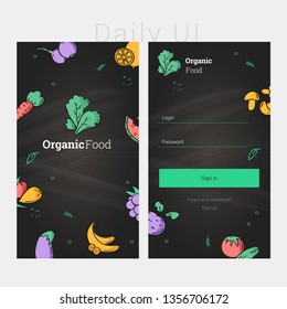 App design template of organic food on black background. Concept food interface design. Modern flat design template