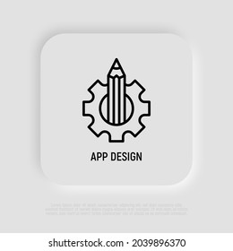 Icono de línea delgada de diseño de aplicaciones, lápiz en rueda cognoscitiva. Ilustración vectorial moderna.