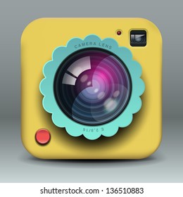 App design yellow photo camera icon, vector illustration.