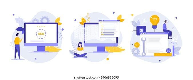 Juego de ilustraciones vectoriales de concepto plano de trabajo de desarrollador de aplicaciones. Codificación y programación para la composición de caricaturas de fuentes web. Innovación en software haciendo que la industria sea una idea creativa para el sitio web, presentación