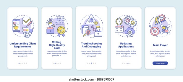 App developer skills onboarding mobile app page screen with concepts. Understanding client requirements walkthrough 5 steps graphic instructions. UI vector template with RGB color illustrations