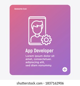 App developer thin line icon. Coder, programmer. Freelancer, work at home. Vector illustration.