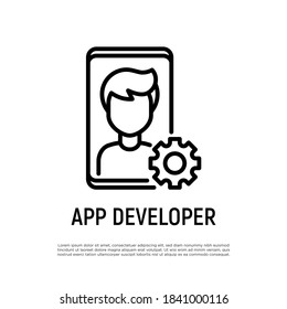 App developer thin line icon. Coder, programmer. Freelancer, work at home. Vector illustration.
