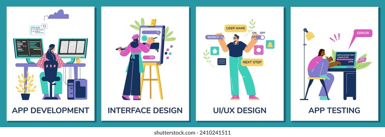 App developing process stages: coding, interface, ui and ux design, testing. People creating application at different milestones. Set of vector illustration designs.