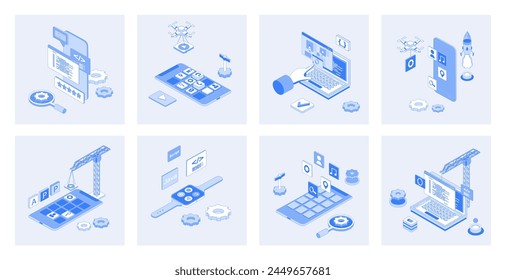 App development 3d isometric concept set with isometry icons design for web. Collection of mobile programming process, interface layout creation, coding, fixing bugs, optimization. Vector illustration