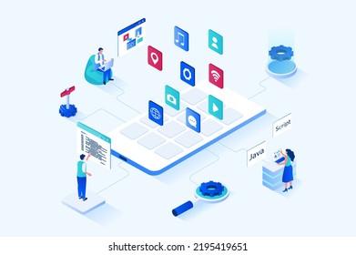 App development 3d isometric web design. People create user interface template, place application buttons on screen, work with codes and program software for different devices. Vector web
