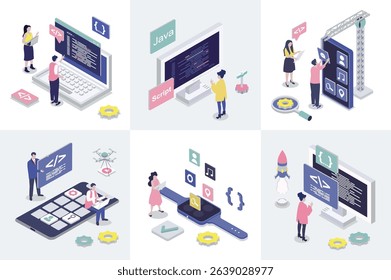 App development 3d isometry concept for web design. Collection set with isometric people programming applications, creating interface layouts, making settings and optimization. Vector illustration.