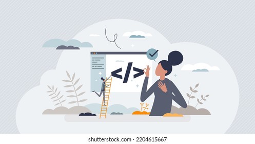 App development and application programming process tiny person concept. Coding work for website optimization or software creation vector illustration. Digital page construction with script writing.