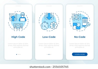 App development approaches blue onboarding mobile app screen. RPA walkthrough 3 steps editable graphic instructions with linear concepts. UI, UX, GUI template