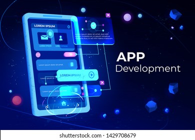 App Development Banner, Adaptive Layout Application Web Interface On Smartphone Touch Screen, User Software API Prototyping, Testing, Neon Glowing Background. Cartoon Vector Illustration, Landing Page