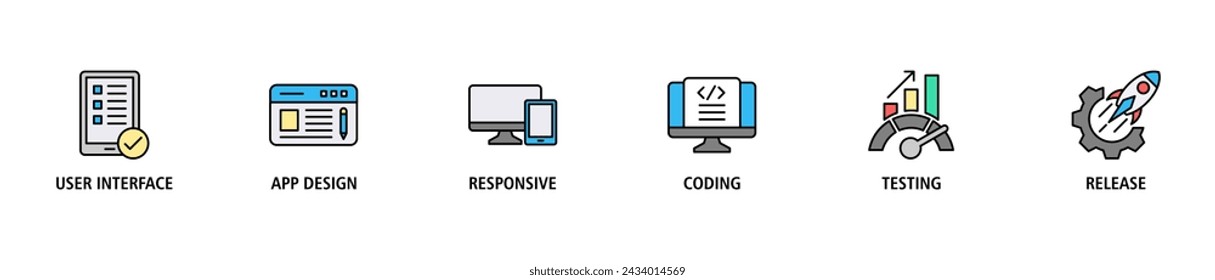 App development banner web icon set vector illustration concept with icon of user interface, app design, responsive, coding, testing and release
