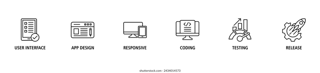 Concepto de ilustración vectorial de conjunto de iconos web de banner de desarrollo de aplicaciones con icono de interfaz de usuario, diseño de aplicaciones, responsivo, codificación, pruebas y lanzamiento