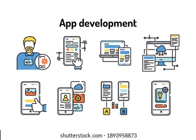 Conjunto de iconos de línea negra de desarrollo de aplicaciones. Crear y utilizar una aplicación móvil. Pictogramas para página web, aplicación móvil, promoción. elementos de diseño de interfaz de usuario (GUI) UX. Trazo editable
